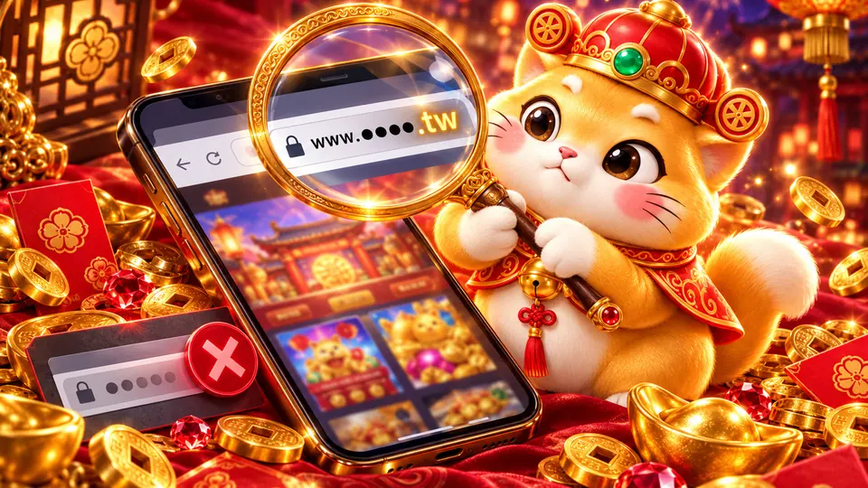 招財貓拿著金色放大鏡,放大手機瀏覽器的網址列結尾